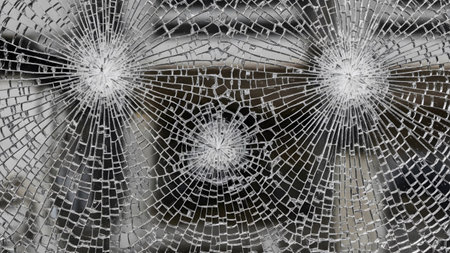 A close-up view of shattered glass with three distinct starburst cracks radiating outwards,...