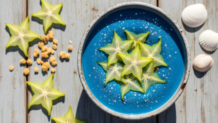 showing star fruit slices on blue smoothie bowl with granola and seashells on wooden...の写真素材