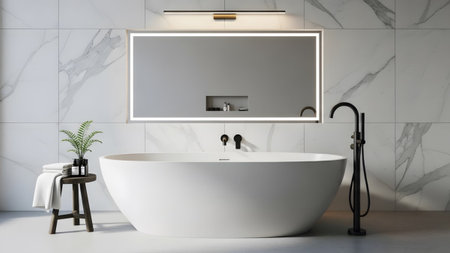 showing white oval bathtub with black faucet near stool and plant against marble tiled...