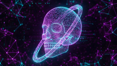 A neon wireframe skull with an orbiting ring and interconnected digital network points in purple...の写真素材