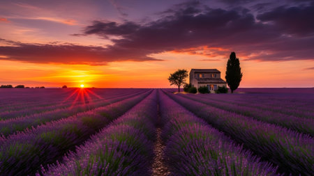 A sunburst illuminates a lavender field with a small house and dramatic sunset sky filled with...の写真素材