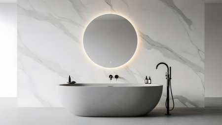 showing white oval bathtub with black faucet illuminated mirror and marble wall in modern...の写真素材
