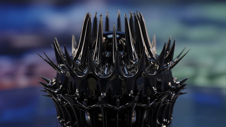 A dark, glossy ferrofluid forms a spiky spherical shape with intricate details against a softly...の写真素材