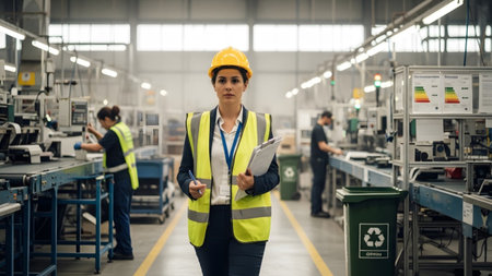 showing woman in hard hat and safety vest holding clipboard in factory aisle with workers...の写真素材