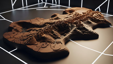 Shape showing topographic wooden map of a continent with illuminated geometric grid and dark...の写真素材