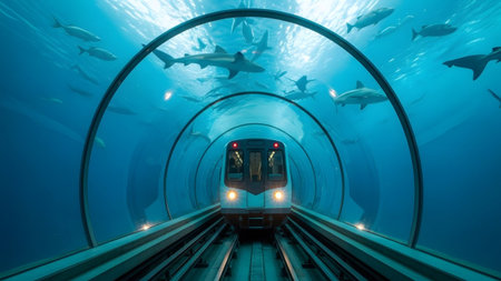 Sharks showing train traveling through an underwater tunnel with sharks and fish swimming above....