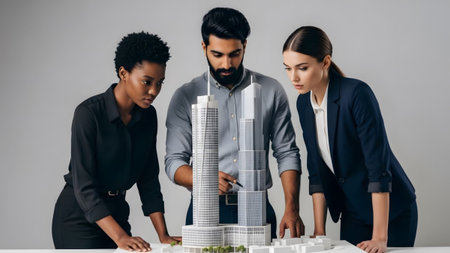 About showing three architects lean over a detailed skyscraper model, engaged in a focused...の写真素材
