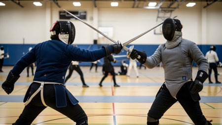 showing two fencers in blue and grey protective gear with masks and swords duel in a...