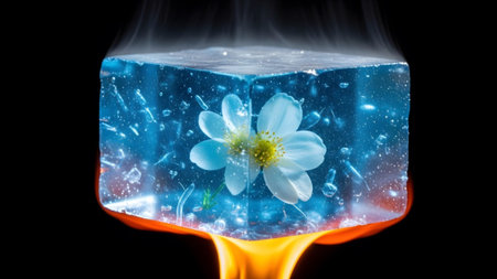 A delicate white flower is encased within a glowing blue ice cube, with wisps of smoke and...の写真素材
