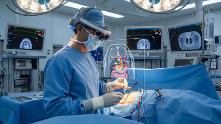 Displaying showing surgeon performing surgery with ar headset displaying holographic organ...