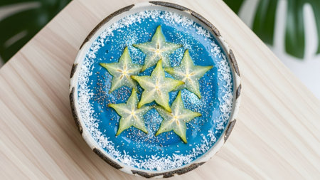 showing star fruit slices arranged on blue smoothie in a decorative bowl with shredded...の写真素材