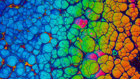 Close-up view of vibrant abstract fluid with cell-like structures in shades of blue, green,...の写真素材