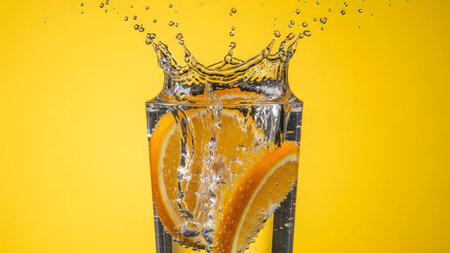A glass of water contains three orange slices, creating a prominent splash with numerous...の写真素材