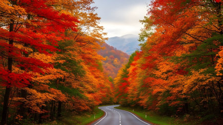showing winding asphalt road through a vibrant autumn forest with red and orange leaves....の写真素材