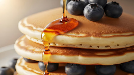 A close-up shot of a stack of fluffy pancakes topped with fresh blueberries and a stream of...