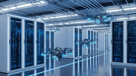 Spherical drones equipped with blue lights navigate between rows of tall server racks in a...