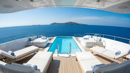 With showing spacious yacht deck with pool and seating overlooking the ocean. resolution...