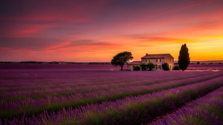 A charming house sits amidst purple lavender fields under a dramatic sky painted with sunset hues.の写真素材