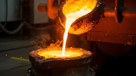 Crucible showing molten metal being poured from a crucible into a mold with glowing sparks and...の写真素材