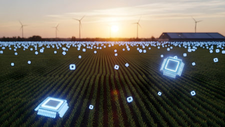 showing smart farm with glowing digital sensors and wind turbines at sunset in a...の写真素材
