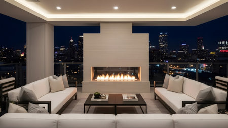 A spacious balcony white sofas and a long, modern fireplace with a city skyline visible in the...