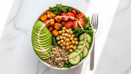 A colorful buddha bowl featuring quinoa, sliced avocado, kale, cherry tomatoes, cucumber slices,...の写真素材
