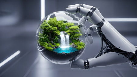 showing robot hand holding a glass sphere with miniature green landscape and waterfall....の写真素材