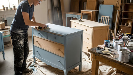 showing woman sanding a blue and wood dresser in a workshop environment. resolution...の写真素材