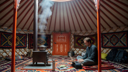 showing man using laptop inside a traditional mongolian yurt with a wood stove and...の写真素材