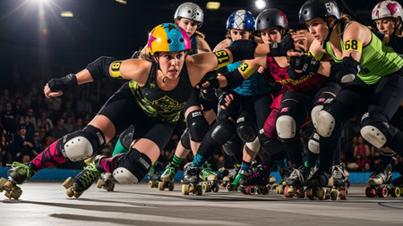 Indoor showing roller derby team in protective gear skates aggressively in a pack during a...の写真素材