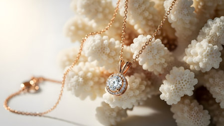 Pendant showing rose gold diamond necklace with halo pendant resting on white coral against soft...の写真素材
