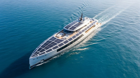 Superyacht showing solar-powered superyacht navigates through serene blue ocean waters under a...