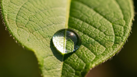 Sunlight showing macro shot of a single water droplet on a vibrant green leaf reflecting...