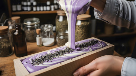Marbled purple and white liquid soap is poured into a wooden mold, with jars of ingredients in...の写真素材