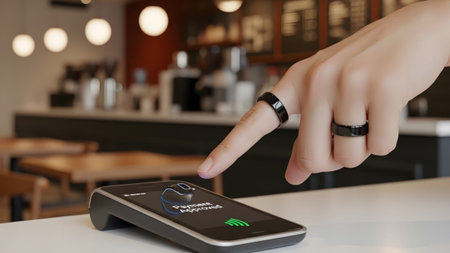 A hand with black smart rings taps a phone on a payment device, showing payment approved.