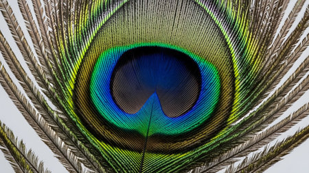 Colors showing intricate peacock feather eye pattern with striking iridescent blue green and...