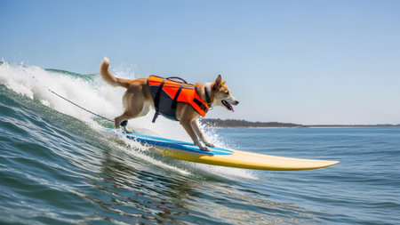 A tan dog wearing an orange life vest is actively surfing a blue ocean wave on a yellow surfboard.