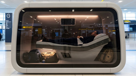 With showing man sleeping in a modern sleep pod with luggage in an airport terminal.の写真素材