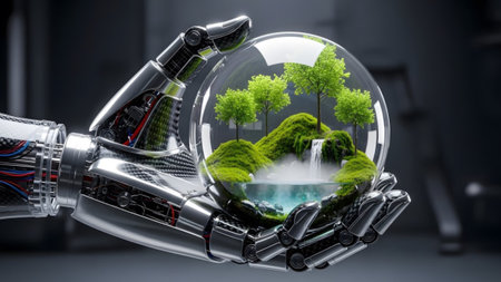 showing robotic hand holding a glass sphere with miniature green landscape and waterfall....の写真素材