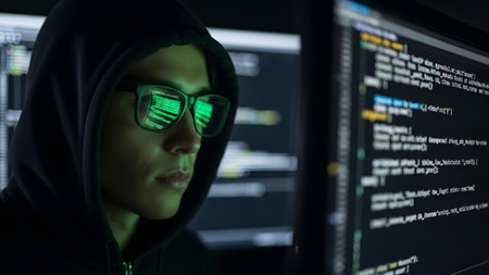 Displaying showing man in hoodie and glasses focused on multiple computer screens displaying...