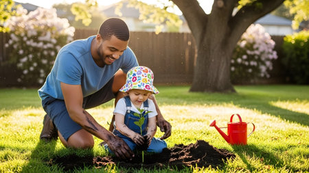 A man and child plant a tree in a bright, grassy backyard with a red watering can nearby.