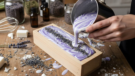Marbled purple and white liquid soap is poured into a wooden mold, with scattered lavender and...の写真素材