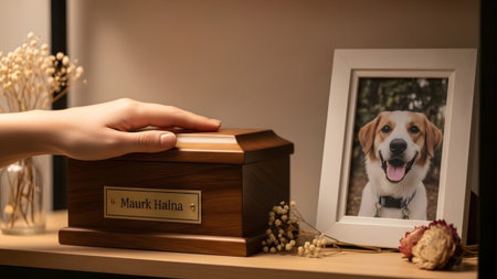 Hand resting on wooden pet urn next to framed of happy dog. resolutionの写真素材