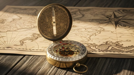 An ornate antique brass compass with its hinged lid open rests on a weathered wooden surface...