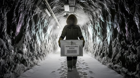 Lights showing person carrying agricultural seeds box in a frozen underground tunnel with icy...
