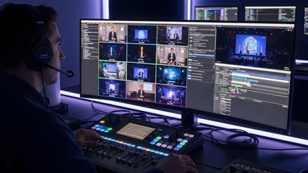 showing operator with headphones at a large curved monitor and audio mixing console in a...の写真素材