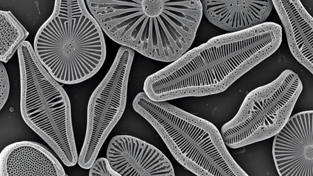 Numerous diatom frustules with varied shapes and intricate linear patterns are presented in a...
