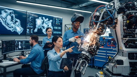 Assemble showing engineers in a workshop use holographic and welding to assemble a complex...