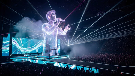 Lights showing holographic singer performs with microphone on futuristic stage with laser...の写真素材