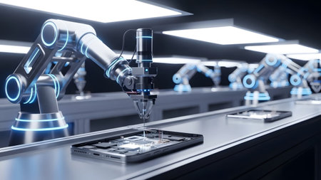 Robotic showing futuristic robotic arms with blue neon accents working on a smartphone assembly...